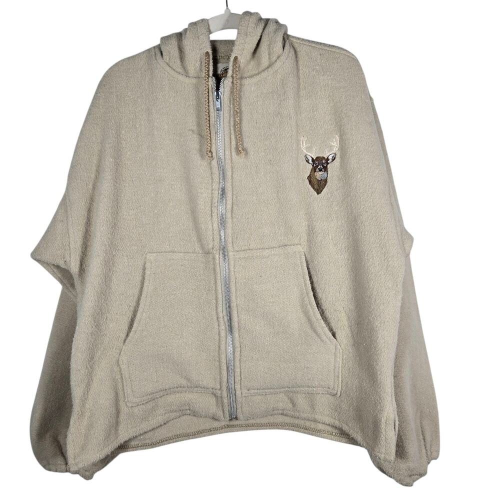 Earth Ragz Hoodie Mens Large Beige Deer Embroidered Zip Fleece Jacket Mexico